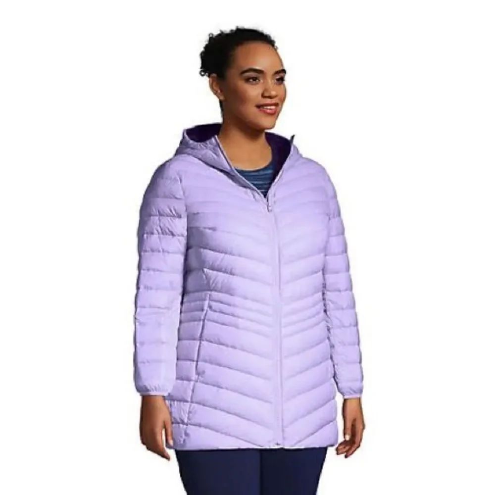 Land’s End women’s puffer hooded coat ultralight quilted down pack Lavender L
